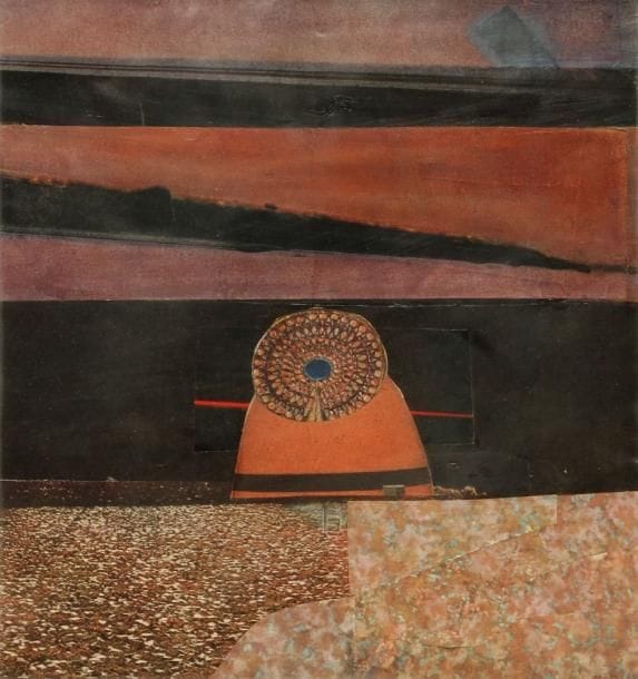 Jacques MONORY (né en 1924)
Crépuscule n° 20c, 1957. Encre et collage sur papier. Signé et daté en bas à droite. 28 x 26 cm. Exposition: Peintures et collages, galerie l'Entracte, Lausanne, Suisse, 1958