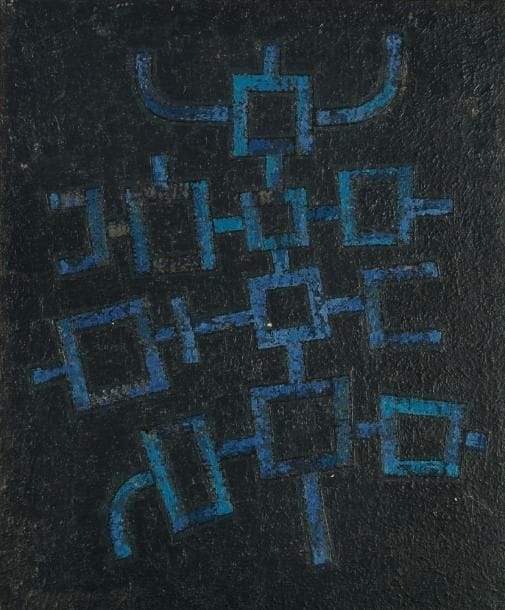 Jean LEPPIEN (1910 - 1991)
Composition LIV 7 / 57, 1957. Huile sur toile. Signée et datée en bas à gauche. Monogrammée et datée au dos. 65.5 x 54 cm. Provenance: ancienne collection Nadine Hazé