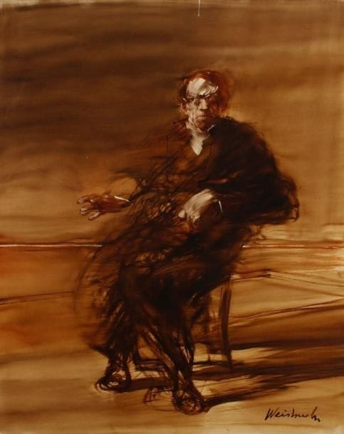 Claude WEISBUCH (né en 1927)
Portrait d'homme assis. Huile sur toile. Signée en bas à droite. Deux enfoncements. 160 x 128 cm