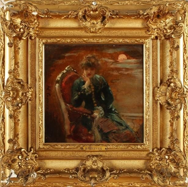 Henri GERVEX (1852 - 1929)
Jeune fille assise dans un fauteuil. Huile sur toile. Signée sur la gauche. 21 x 21 cm