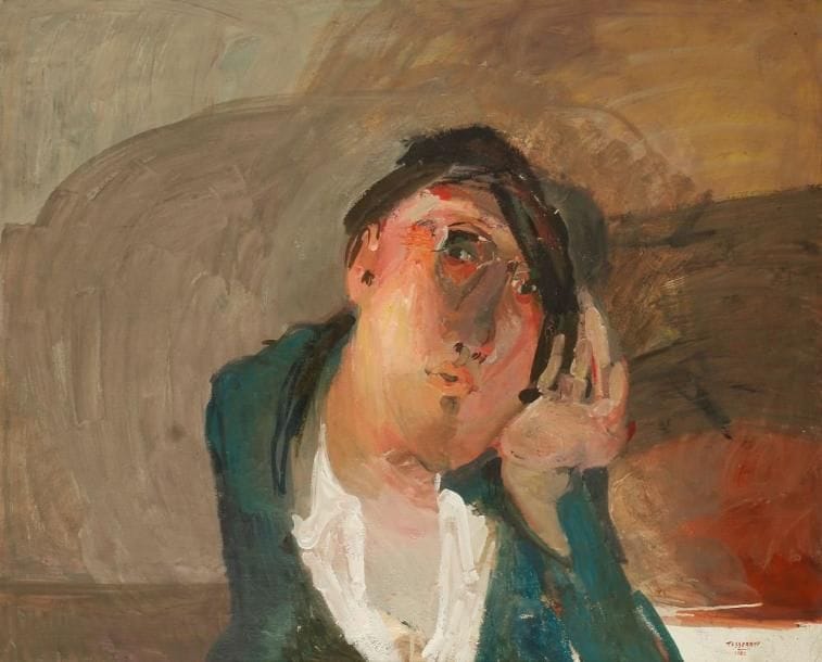 Gérard TISSERAND (1934 - 2010)
Homme songeur, 1962. Huile sur toile. Signée et datée en bas à droite. 81 x 100 cm