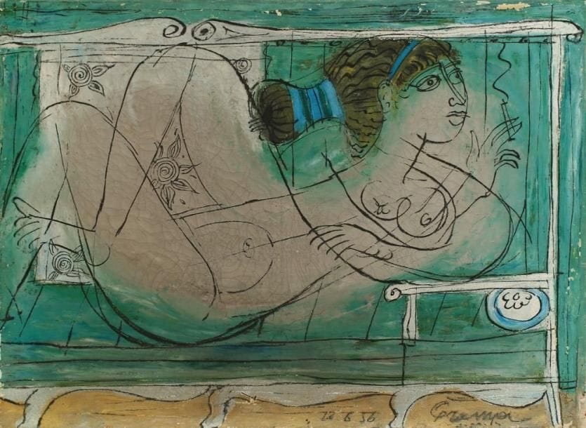 Kostas GRAMMATOPOULOS [grec] (1916 - 2003)
Femme allongée fumant, 1956. Huile sur toile. Signée et datée 12.6.56 en bas vers la droite. (Accidents et manques). 60 x 81 cm