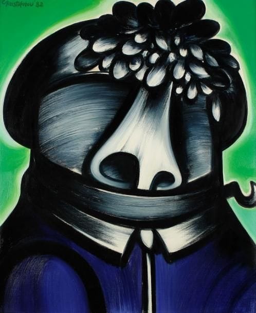 John CHRISTOFOROU [franco - grec].(né en 1921)
Portrait aux fleurs, 1982. Acrylique sur toile. Signée, titrée en haut à gauche. Titrée et datée au dos. 73 x 60 cm