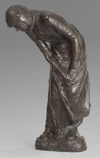 Constantin MEUNIER (1831 - 1905)
La Femme du mineur (Le Grisou). Épreuve en bronze patiné. Signée, B. Verbeyst, fondeur, Bruxelles. Hauteur: 84. 5 cm. Provenance: Ancienne collection Léon Lhermitte