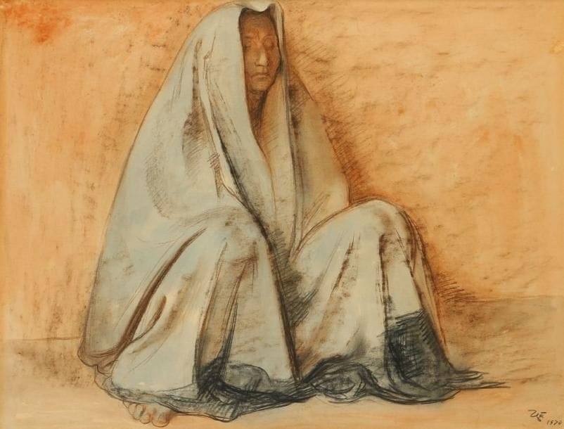 Francisco ZUNIGA [mexicain] (1912 - 1998)
Femme assise avec châle, 1970. Aquarelle et pastel. Signé et daté en bas à droite. 50 x 66 cm. Bibliographie: Catalogue raisonné, volume III Dessins, numéro 1661
