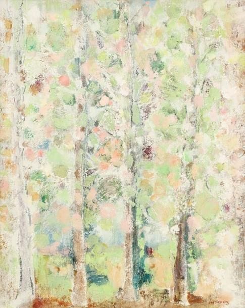 Tatsuhiko SHIMAMURA [japonais] (1922 - 2004)
Arbres au printemps, vers 1968. Technique mixte sur toile. Signée en bas à droite. 61 x 50 cm
