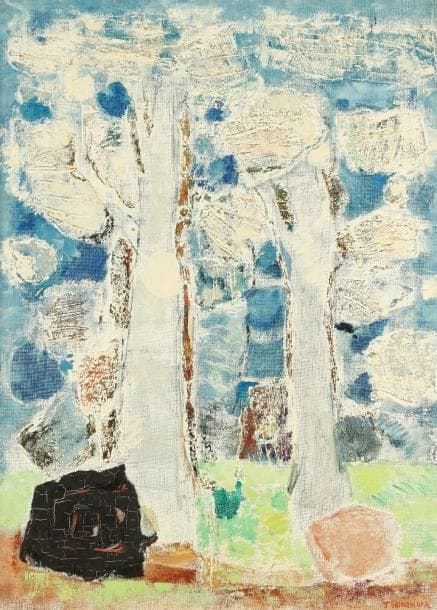 Tatsuhiko SHIMAMURA [japonais] (1922 - 2004)
Arbres en hiver, 1968. Technique mixte sur toile. Signée en bas à droite. Datée au dos. 61 x 46 cm