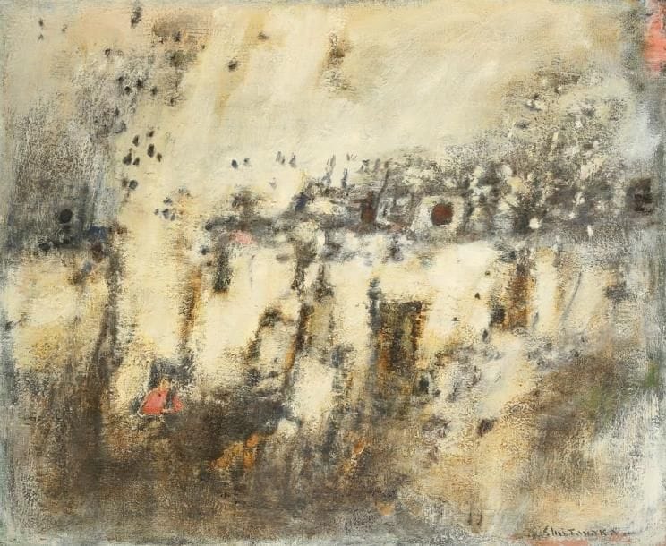 Shu TANAKA [japonais] (1908 -?)
Muraille. Huile sur toile. Signée en bas à droite. Signée et titrée au dos. 60 x 73 cm