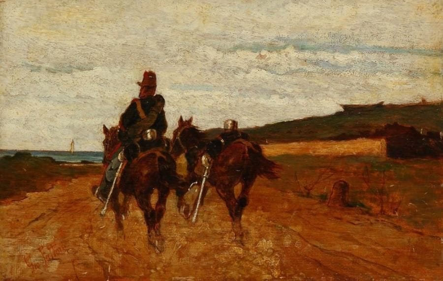 Giovanni FATTORI [italien] (1825 - 1908)
Au trot dans la Maremma, vers 1900. Huile sur panneau. Signée en bas à gauche. Titrée probablement de la main de l'artiste au dos «Al trotto in Maremma». Porte au dos le cachet à la cire rouge de la collection du marquis Del Bufalo. 18 x 28 cm. Provenance: Ancienne collection du marquis Del Bufalo. Acheté par le grand - père de l'actuel propriétaire en 1948 - 49. Galerie Cordusio, Milan. Un certificat des Archives Baboni sera remis à l'acquereur