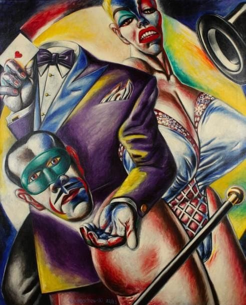 Rolf LUKASCHEWSKI (né en 1949)
Hokuspokus, 1982. Huile sur toile. Signée et datée en bas à gauche. Datée 21 12 82 et titrée au dos. 125 x 100 cm