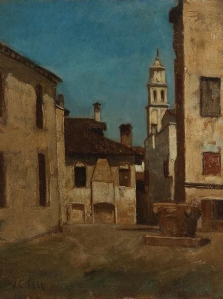 Vincenzo CABIANCA [italien] (1827 - 1902)
Le Puits du village, 1868. Huile sur toile marouflée sur carton. Signée des initiales et datée en bas à gauche. Porte au dos le timbre Vicenso Cabianca 1827 - 1902 sur une étiquette numérotée 235, située et datée Venezia 1868 et contresignée par son fils, Silvio Cabianca. Provenance: L'Esame Galleria dell' Arte, Milan. 25.5 x 21.5 cm