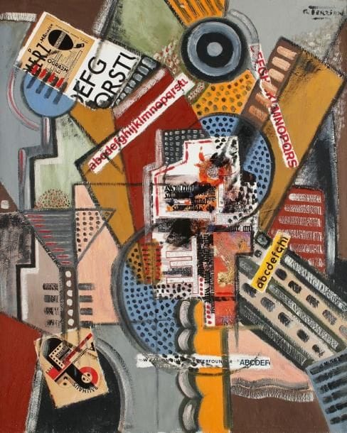Georges TERZIAN (né en 1939)
La Coupe de champagne. Huile et collage sur toile. Signé en haut à droite. Signé et titré au dos. 81 x 65 cm