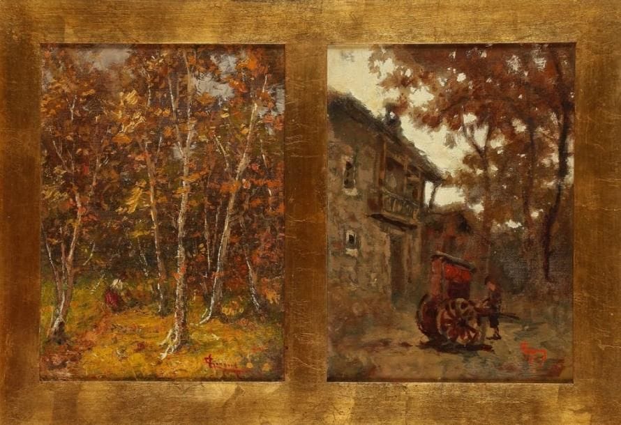 Lorenzo GIGNOUS [italien] (1862 - 1958)
Sous - bois et L'Enfant à la charrette. 2 huiles sur panneau toilé dans un même cadre. Signées en bas à droite. Chaque: 32 x 23.5 cm