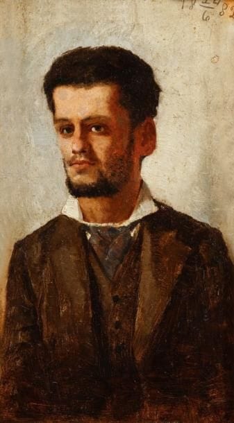 BELMIRO DE ALMEIDA [brésilien] (1858 - 1935)
Portrait de Henrique de Almeida, 1882. Huile sur panneau. Signée, datée, titrée et dédicacée au dos. 22 x 13 cm