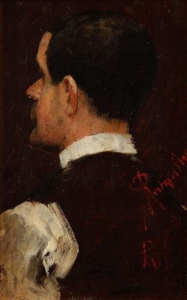 Antonio RAMALHO [portugais] (1858 / 59 - 1916)
Portrait de Belmiro de Almeida. Huile sur panneau. Signée en bas à droite. 21 x 13 cm