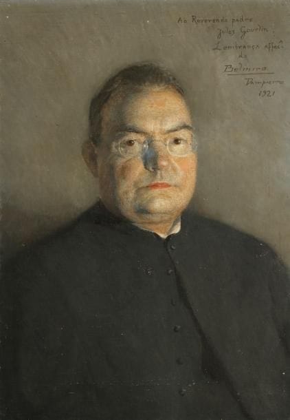BELMIRO DE ALMEIDA [brésilien] (1858 - 1935)
Portrait du révérend père Jules Gourlin, 1921. Huile sur toile. Signée, datée, et située Dampierre en haut à droite. Dédicacée «Ao Reverendo padre Jules Gourlin Lembrança Affec. de Belmiro». 54 x 38 cm
