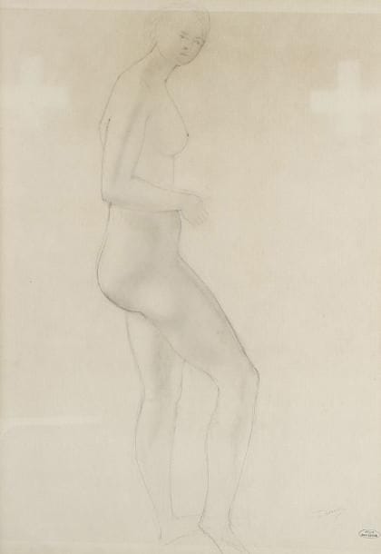 André DERAIN (1880 - 1954)
Femme nue debout. Dessin au crayon et à l'estompe. Signé et porte le timbre de la vente de l'atelier en bas à droite. 61 x 43 cm