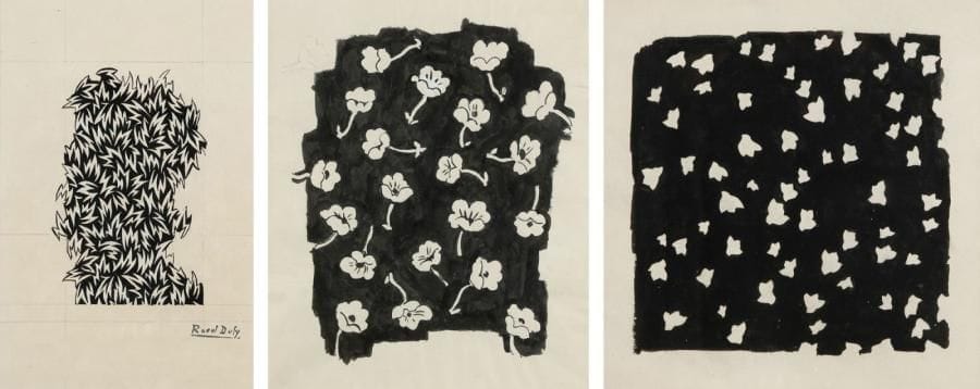 Raoul DUFY (1877 - 1953)
3 Projets de tissus. Encre et rehaut de gouache. Cachet de la signature sur l'un. 29 x 19 cm - 24 x 24 cm - 31 x 26 cm. Un certificat de Madame Fanny Guillon - Laffaille sera remis à l'acquéreur