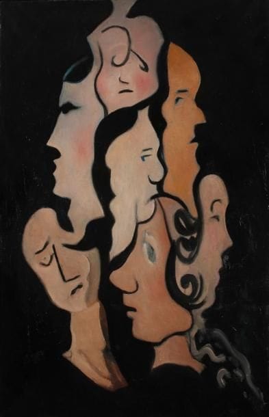 Attribué à François ANGIBOULT (1887 - 1950)
Portraits d'artistes et d'écrivains, vers 1920. Huile sur toile. L'oeuvre présente notamment les portraits de Guillaume Apollinaire, Alexandra Exter, Jean Férat et Léopold Survage. (Restaurations). 100 x 65 cm