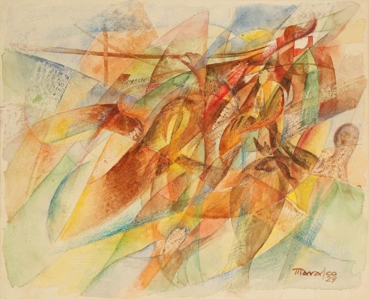 Antonio MARASCO [italien] (1896 - 1975)
Dinamismo di un atleta, 1929. Aquarelle et crayon gras. Signé et daté en bas à droite. Signé et titré au dos. 24 x 28. 5 cm