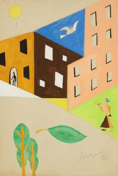 Léopold SURVAGE [franco - russe] (1879 - 1968)
Ville animée. Gouache et crayon. Signature et cachet d'atelier en bas à droite. 30 x 21 cm