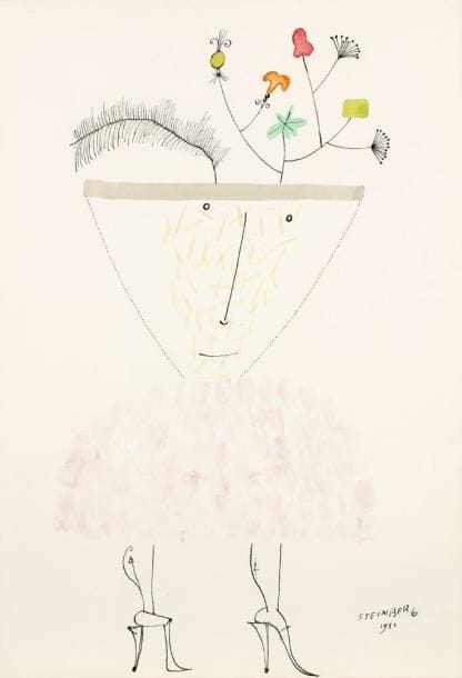 Saül STEINBERG [américain] (1914 - 1999)
Femme au chapeau, 1951. Huile, encre et aquarelle. Signée et datée en bas à droite. 31. 5 x 21. 5 cm