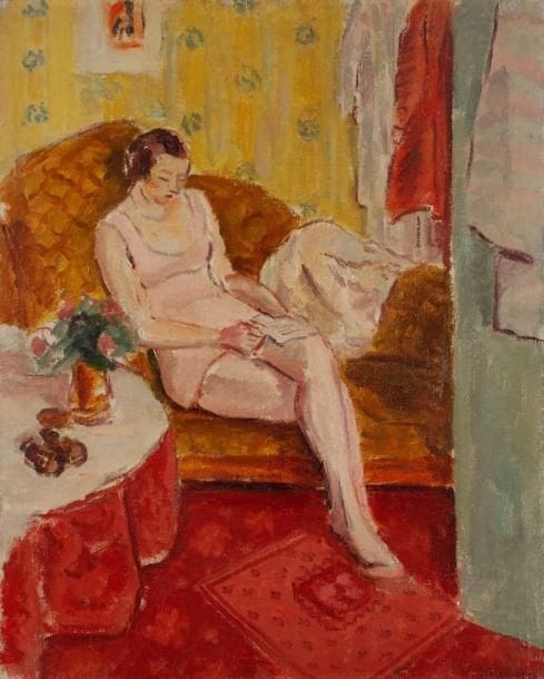 Jules CAVAILLÈS (1901 - 1977)
Loge d'artiste, vers 1936. Huile sur toile. Signée en bas à droite. 81 x 64. 5 cm. Bibliographie: Les Maîtres de demain, Jules Cavaillès, par Florent Fels, Édition Sequana, Toulouse, 1943,. p. 44