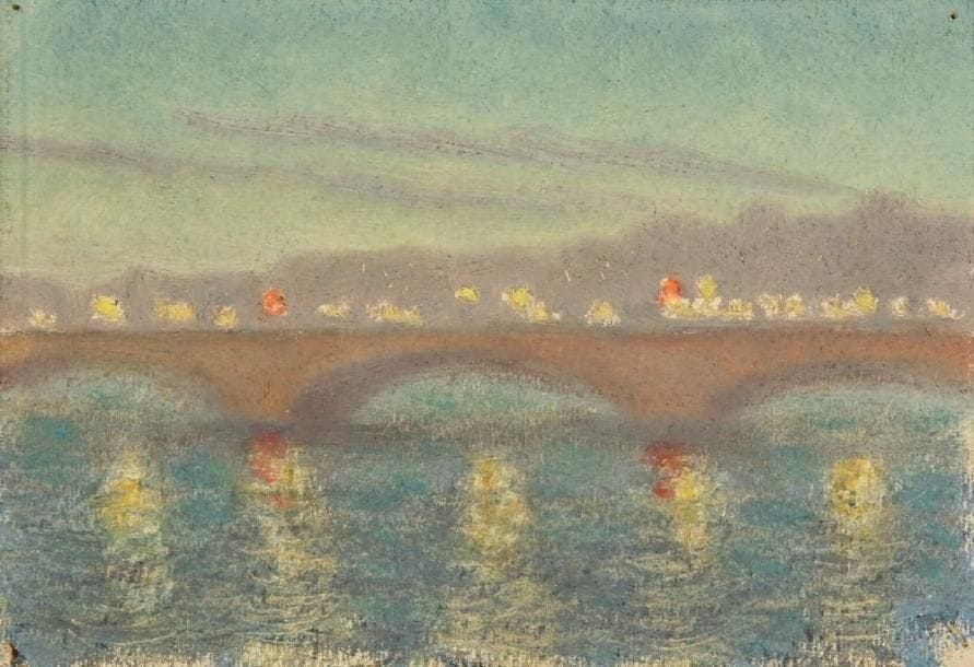 Charles LACOSTE (1870 - 1959)
Le Pont la nuit, Paris, 1922. Gouache. Signée et datée en bas à gauche. Annotée paris 8 mars 1922 au dos. (Trous de punaises dans les angles). 9.6 x 14 cm