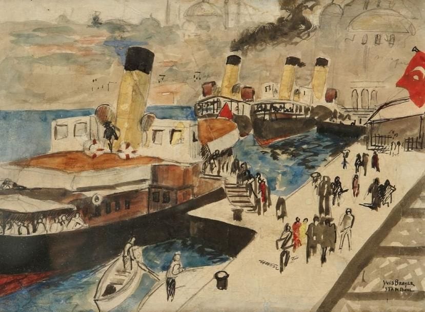 Yves BRAYER (1907 - 1990)
Le Port d'Istanbul . Aquarelle sur papier. Signée et située Stambul en bas à droite. . (Accidents). 20 x 27 cm