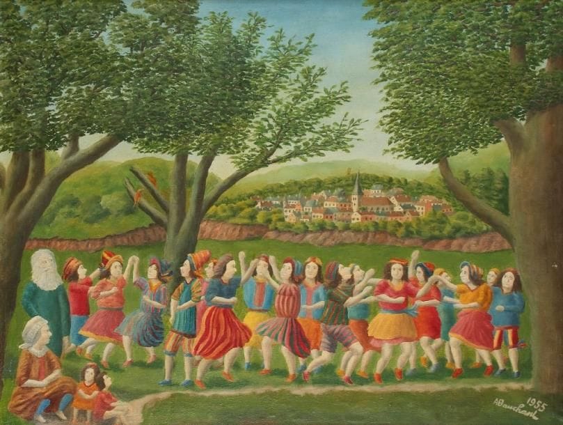 André BAUCHANT (1873 - 1958)
La Ronde, 1955. Huile sur toile. Signée et datée en bas à droite. 56 x 74 cm