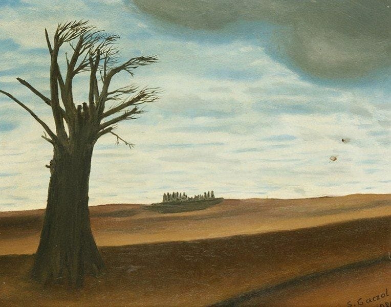 S. GACZOL
Arbre dans le désert, 1980. Huile sur carton.Signée et datée en bas à droite. Signée et datée au dos.33 x 41 cm