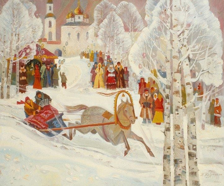 GRETCKI
Le traineau, 1992. Huile sur toile.Signée et datée en bas à droite.. 83 x 103 cm