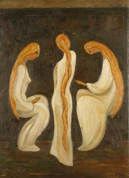 P. KOROBKOV
Les fileuses juives, 1991. Huile sur toile.Signée en bas à droite. Signée, datée et titrée au dos.100 x 74 cm
