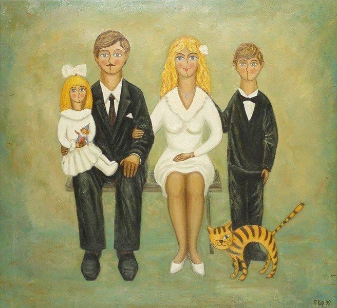 P. KOROBKOV
Famille, 1992. Huile sur toile.Signée et datée en bas à droite. Signée, datée et titrée au dos.90 x 100 cm