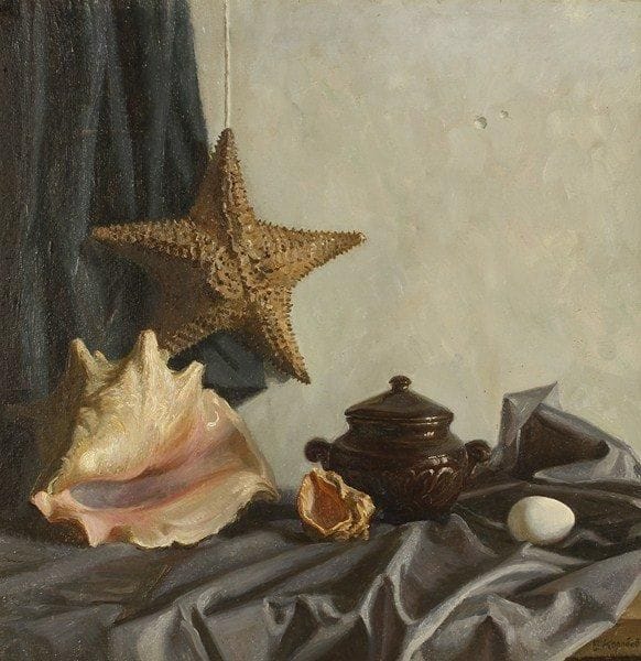 V.A KOROBOV
Nature morte au coquillage, 1991. Huile sur toile.Signée en bas à droite. Signée, datée et titrée au dos.59 x 59 cm