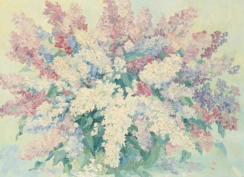 V.A MIKHAYLOV
Lilas, 1991. Huile sur toile.Signée et datée en bas à droite. Signée et titrée au dos.65 x 80 cm