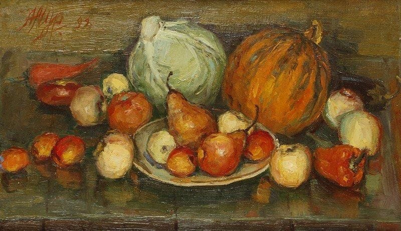 A. MOER
Fruits et légumes, 1992. Huile sur toile collée sur carton.Signée, datée en haut à gauche.. (accidents). 100 x 75 cm