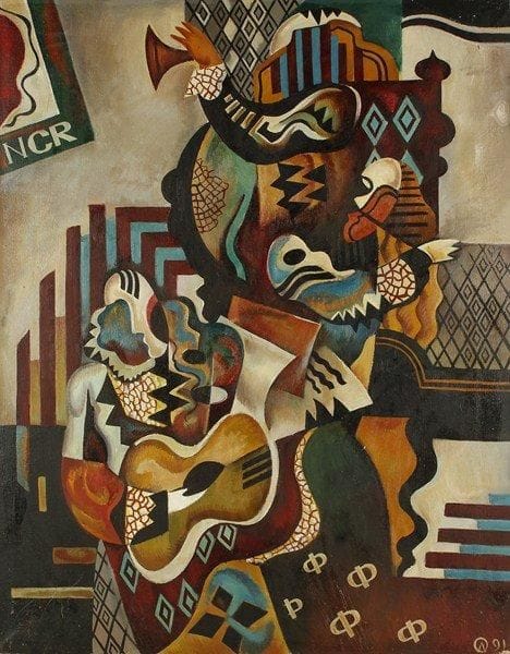 O. NALETOVA
Musiciens, 1991. Huile sur toile.Monogrammée et datée en bas à droite. Signée, datée et titrée au dos.110 x 88 cm