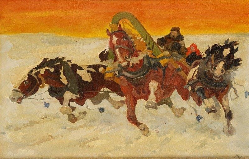 Alex NIKOLAIEV
Le traineau, 1990. Huile sur toile.Signée en bas à droite. Signée, datée et titrée au dos.46 x 61 cm