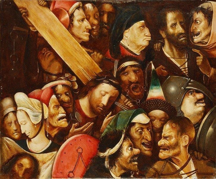 NOVOKCHENNI
Portement de croix (d'après Brueghel), 1991. Huile sur toile. Signée et datée au dos.66 x 80 cm