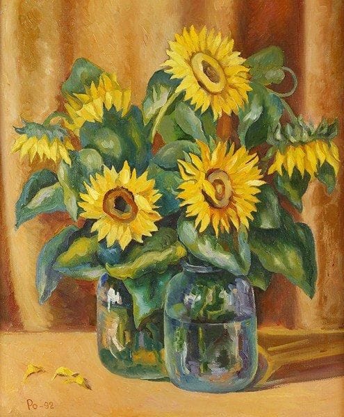 R. OSIPOVA
Nature morte aux tournesols, 1992. Huile sur toile.Monogrammée et datée en bas à gauche. Signée, datée et titrée au dos.71 x 60 cm