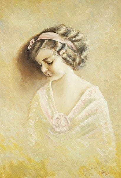 V.A PARANIN
Jeune fille à la rose, 1993. Huile sur toile.Monogrammée et datée en bas à droite. Signée, datée et titrée au dos.80 x 60 cm