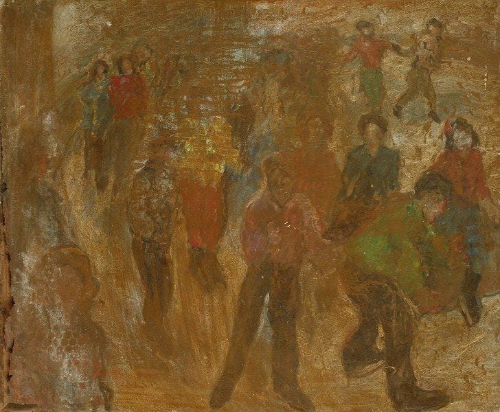 David AZUZ
La foule. Huile sur toile.Signée au dos.. (accidents importants). 54 x 65 cm