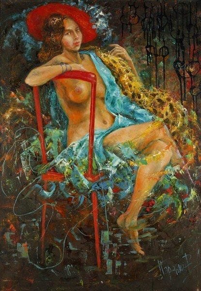 V.A PARANIN
Prêtresse des contrastes, 1992. Huile sur toile.Signée en bas à droite. Signée, datée et titrée au dos.120 x 85 cm