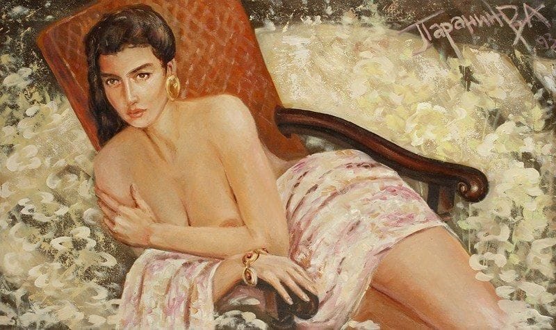 V.A PARANIN
Femme au fauteuil, 1993. Huile sur toile.Signée, datée en haut à gauche. Signée, datée et titrée au dos.60 x 100 cm