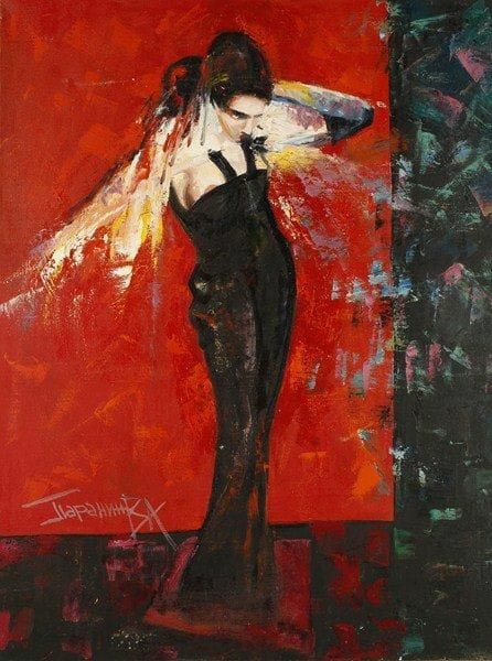V.A PARANIN
Robe noir champs rouge, 1992. Huile sur toile.Signée en bas à gauche. Signée, datée et titrée au dos.105 x 80 cm