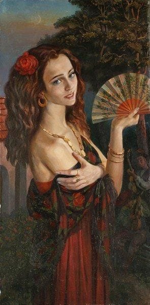ALIMOV
Femme à l'éventail, 1999. Huile sur toile.Monogrammée et datée en bas à droite. Signée au dos.70 x 52 cm