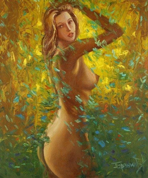 V.A PARANIN
Femme au feuillage. Huile sur toile.Signée en bas à droite.. 95 x 80 cm