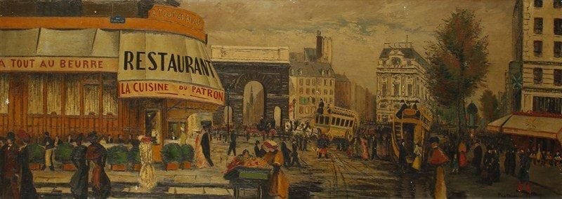 PROTEAU
Rue Saint-Apolline, 1942. Huile sur panneau.Signée et datée en bas à droite.. 50 x 142 cm