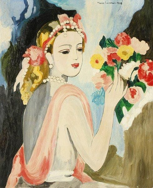 D. REDLUS
Femme aux fleurs d'après Marie LAURENCIN, 1987. Huile sur toile.Signée et datée au dos.. 73 x 60 cm